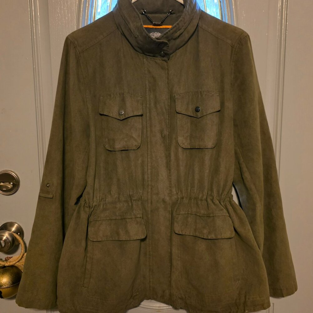 Vince Camuto Green Microsuede Utility Adj Sleeves Cinched Waist & Bottom Jacket